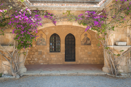Island of Rhodes, Greece. 05/28/2018. Monastery of Filerimos, masonry colonnade running along churchyard.のeditorial素材