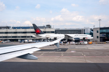 05/26/2019. Frankfurt Airport, Germany. Transatlantic Air Canada airplane in front of main terminal....