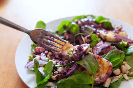 Fresh and healthy vegetable salad with chunks of grilled halloumi goat cheese and a dollop of delicious blueberry sauce on top.の写真素材