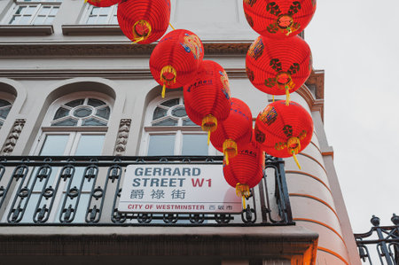 11/09/2019. London, UK. Red lanterns decorating streets and passages in Chinatown district in Soho.のeditorial素材