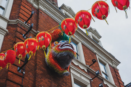 London, UK. Red lanterns decorating streets and passages in Chinatown district in Soho.の写真素材