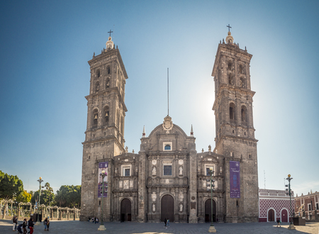 Puebla, Mexico, South America - January 2018: [Town of Puebla, street and church]のeditorial素材