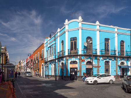 Puebla, Mexico, South America - January 2018: [Streets of the town of Puebla, christmas dedcoration, restaurants and people]のeditorial素材