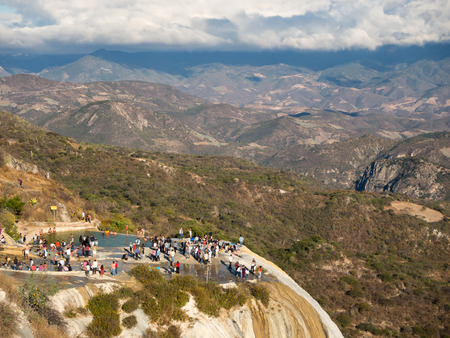 Hierve el agua, Oaxaca, Mexico, South America - January 2018: [natural wonder formation in Oaxaca region, hot spring waterfall in the mountains during sunset]のeditorial素材