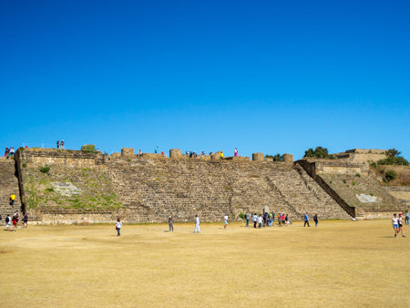 Monte Alban, Oaxaca, Mexico, South America - January 2018: [Biggest ruins of ancient Zapotec city at the top of the mountain, UNESCO archeological site, pyramids]のeditorial素材