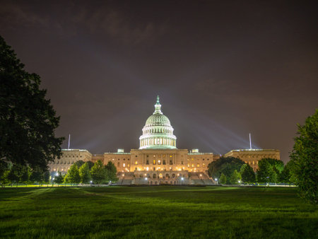 Washington DC, District of Columbia, Summer 2018 [United States US Capitol Building, night view with...