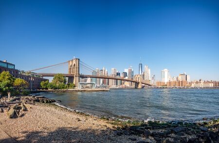 Brooklyn bridge, New York, USA [ Brooklyn bridge architecture with panoramic view of New York City and lower Manhattan, One World Trade Center ]のeditorial素材
