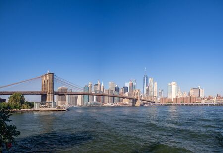 Brooklyn bridge, New York, USA [ Brooklyn bridge architecture with panoramic view of New York City and lower Manhattan, One World Trade Center ]のeditorial素材