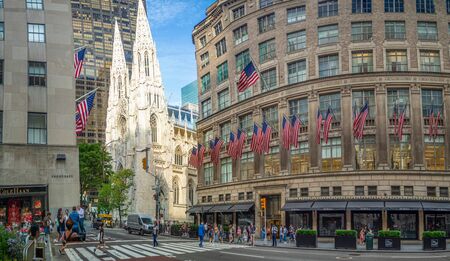 Manhattan, New York City, United States of America  [ St. Patrick's Cathedral next to Rockefeller Center Plaza, 5th ave, American flags street festival ]のeditorial素材