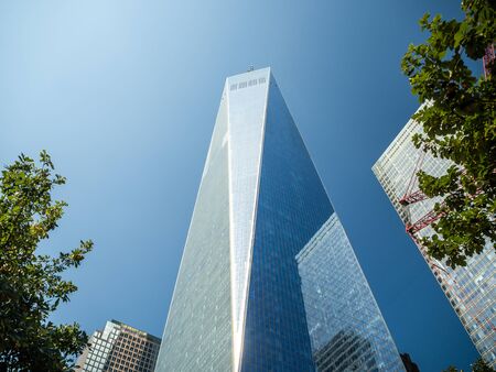 Manhattan island, New York City, United States of America : [ One World Trade Center office building with view deck platform, next to 911 memorial, downtown street architecture ]のeditorial素材