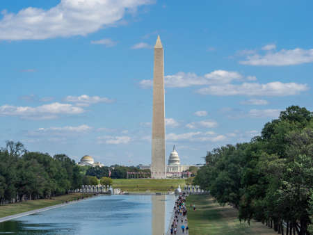 Washington, District of Columbia, United States of America - Washington monument park, obelisk on national mall, American flags and US capitolのeditorial素材