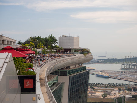 Singapore - Summer 2020: Marina Bay Sands casino hotel resort with infinity pool, congress center and shopping mallのeditorial素材