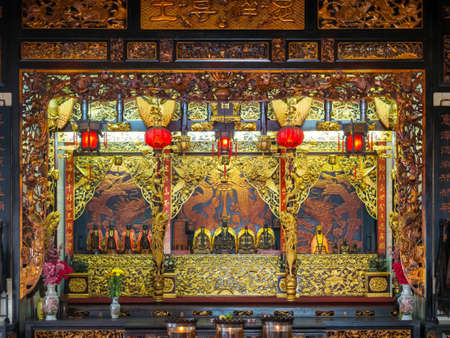 George Town, Penang, Malaysia - Summer 2020: Historical building of a Taoist temple with beautiful art and architecture, god and dragon statues and paintings.のeditorial素材