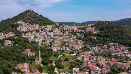 Lastovo island island village, aerial photography of historic town within a Croatian national park, Croatiaの写真素材