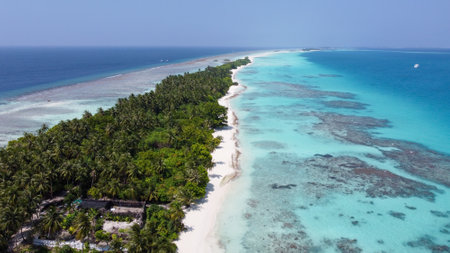 Maldives resort island drone aerial view, Indian ocean atoll nature beach and palm forest, leisure tourist luxury vacationの写真素材