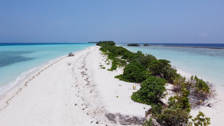 Maldives resort island drone aerial view, Indian ocean atoll nature beach and palm forest, leisure tourist luxury vacationの写真素材