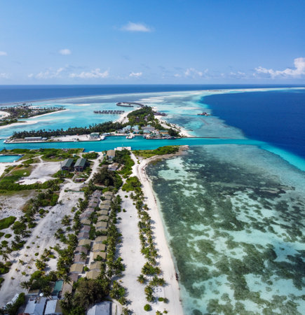Maldives resort island drone aerial view, Indian ocean atoll nature beach and palm forest, leisure tourist luxury vacationの写真素材