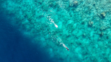 Maldives resort island drone aerial view, Indian ocean atoll nature beach and palm forest, leisure tourist luxury vacationの写真素材
