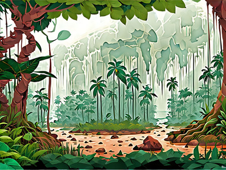 Tropical rainforest vector illustration. Rainforest jungle landscape.の素材