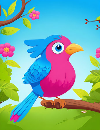 Illustration of a cute blue bird on a branch in the gardenの素材