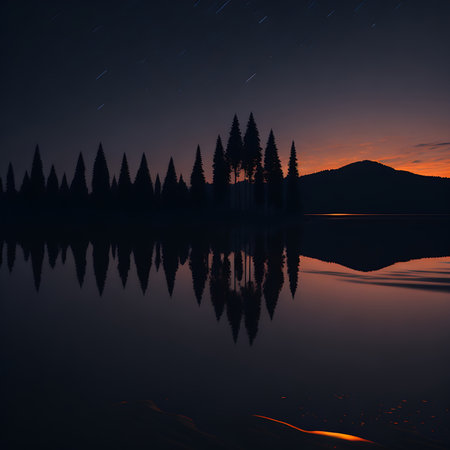 Beautiful night landscape with starry sky and lake in the mountainsの素材