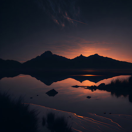 Sunset in the mountains reflected in the water of a lake.の素材