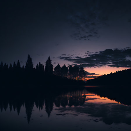 Silhouette of pine tree and reflection in lake at night.の素材