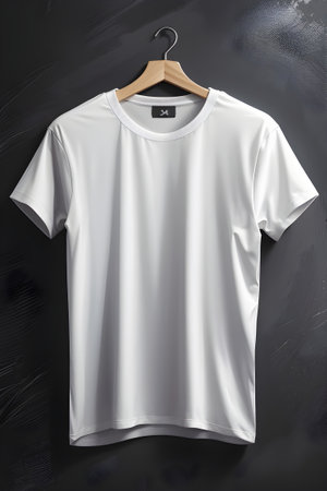 White t-shirt on a hanger on a black background.の素材