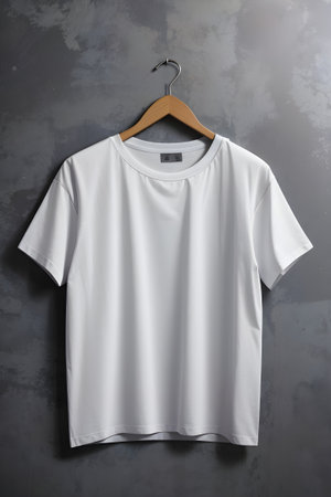 White t-shirt hanging on wooden hanger on grey wall backgroundの素材