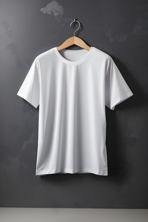 White t-shirt on hanger on wall background. Mock upの素材