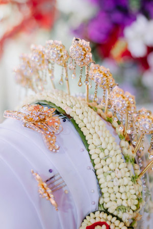 original jasmine flower accessories and other traditional Javanese bridal accessories worn by the bride during the wedding ceremonyの写真素材
