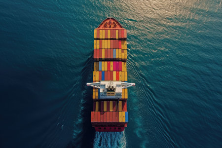 A loaded container cargo ship is seen ahead above the oceanの素材