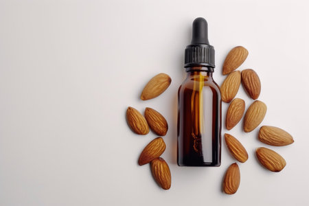 Flat Lay View of Almond Essential Oil in Amber Dropper Isolated on White Backgroundの素材