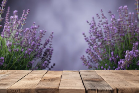 Empty Wooden Table Top for Product Display with Lavender Backgroundの素材