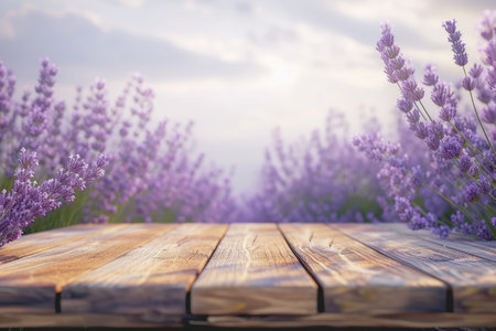 Empty Wooden Table Top for Product Display with Lavender Backgroundの素材