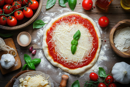 Raw Dough for Pizza Preparation with Ingredient: Tomato Sauce, Mozzarella, Tomatoes, Basil, Olive Oil, Cheese, Spices Served on Rustic Wooden Table - Flat Lay Style. Italian Pizza Margheritafoodの素材