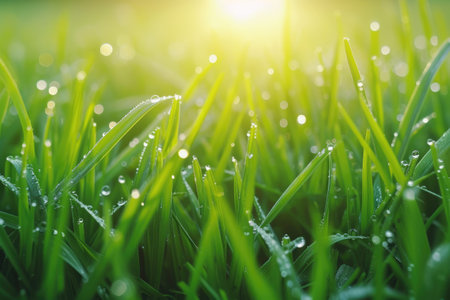 Juicy lush green grass on meadow with drops of water dew in morningの素材
