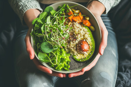 Green Vegan Breakfast Meal in Bowl with Spinach, Arugula, Avocado, Seeds and Sprouts. Girl in Leggins Holding Plate with Hands Visible, Top View. Clean Eating, Dieting, Vegan Food Conceptの素材