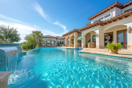 Beautiful Home Exterior and Large Swimming Pool on Sunny Day with Blue Sky | Features Series of Water Jets Forming Archesの素材