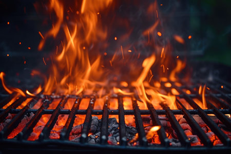 Hot Empty Portable Barbecue Bbq Grill with Flaming Fire and Ember Charcoal on Black Background. Waiting for The Placement of Your Food. Close upの素材