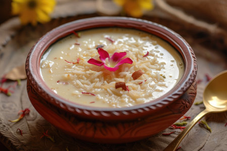 Kheer (payasam) A creamy and sweet rice pudding Indian dish, made by boiling milk, sugar or jaggery, and riceの素材