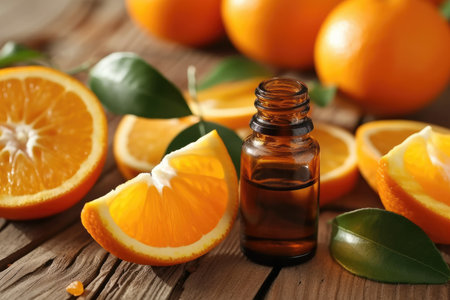 Orange essential oil with fresh sliced orange fruitsの素材