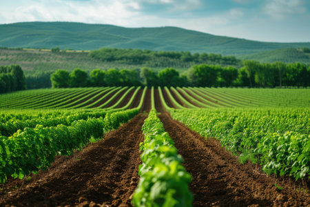 Panoramica View Ofcolorful Fields, and Rows of Currant Bush Seedlings as A Background Compositionの素材