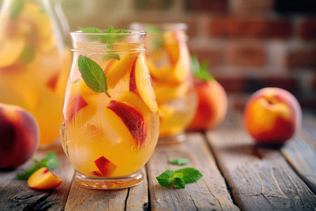 Refreshing Peach Sangria on wooden kitchen backgroundの素材