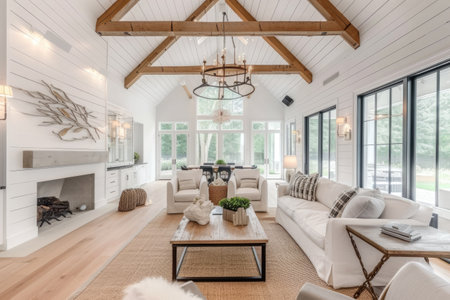 White Modern Farmhouse Living Room with Vaulted Ceilings Design Ideasの素材
