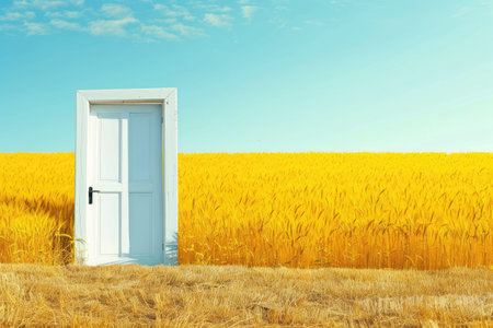 Closeup open white door on the yellow fieldの素材