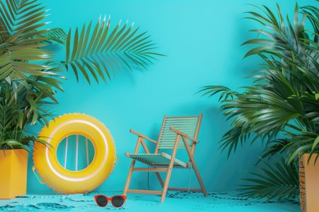 Summer travel concept with inflatable ring, folding chair, sunglasses and palm trees against tropical blue background with space for copyの素材
