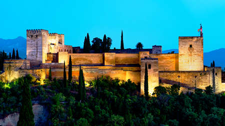 Alhambra view during the evening with lights in Granada, Spainのeditorial素材