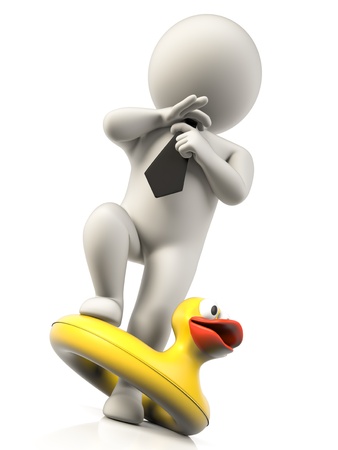 A person taking off a pool float and getting dressed by adjusting his tieの写真素材