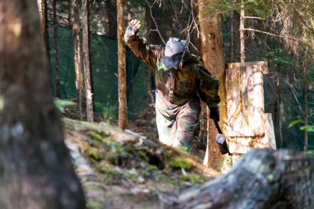 Paintball player lost his gameの写真素材